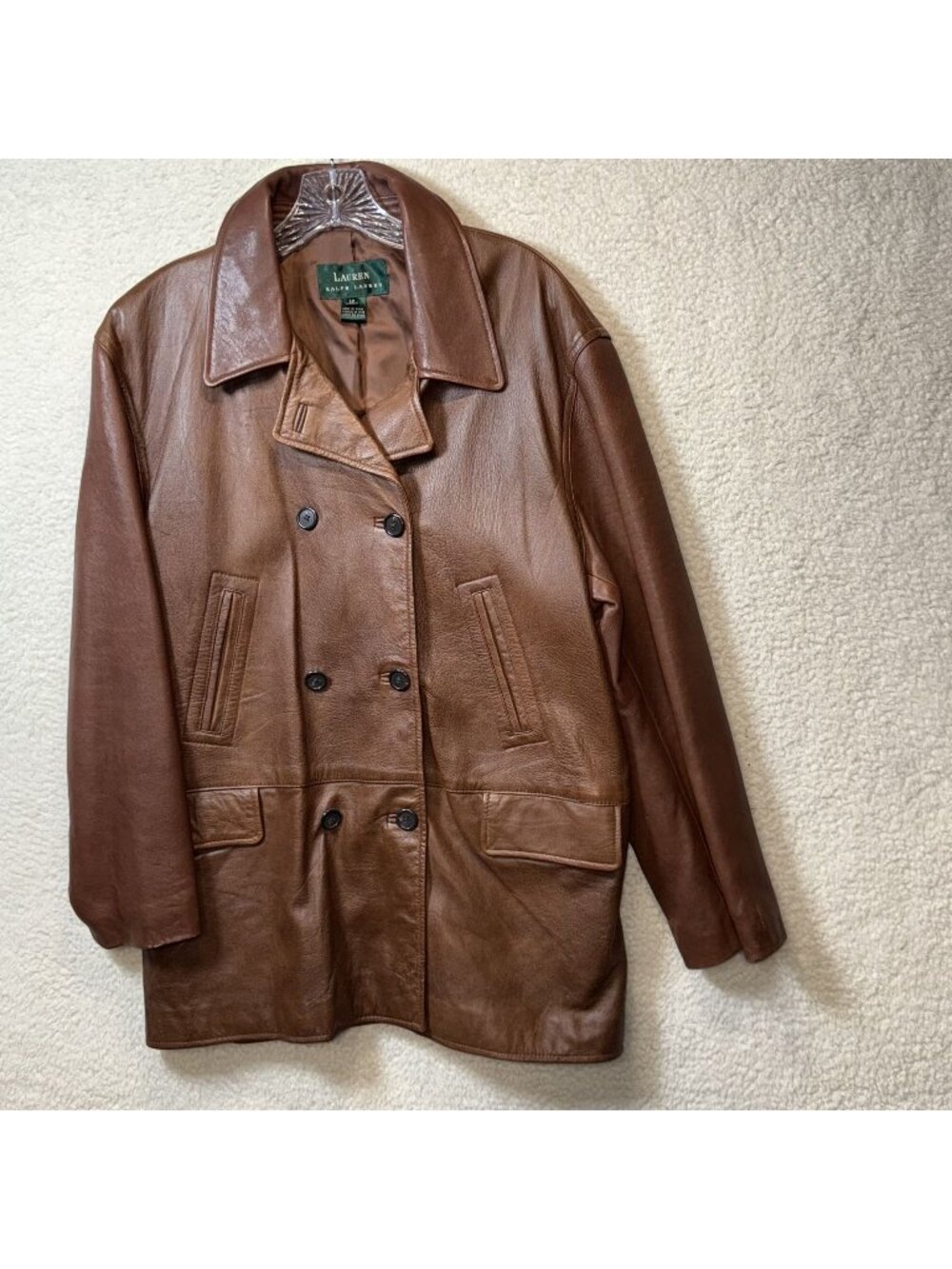 Lauren Ralph Lauren Womens Brown Leather Double-Breasted Coat Size 12 Vintage